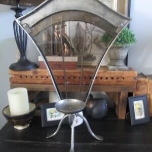 Vintage Bombay Gun Metal Silver‎ Glass Fan Art Deci MOD Candle Holder